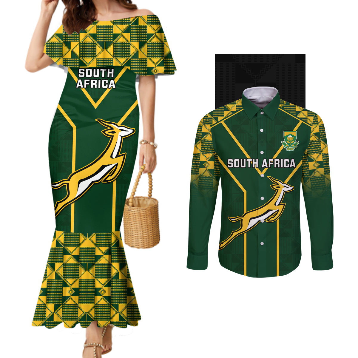 custom-south-africa-rugby-couples-matching-mermaid-dress-and-long-sleeve-button-shirts-2023-go-champions-world-cup-springboks