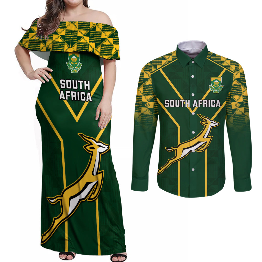 Custom South Africa Rugby Couples Matching Off Shoulder Maxi Dress and Long Sleeve Button Shirts 2023 Go Champions World Cup Springboks - Wonder Print Shop