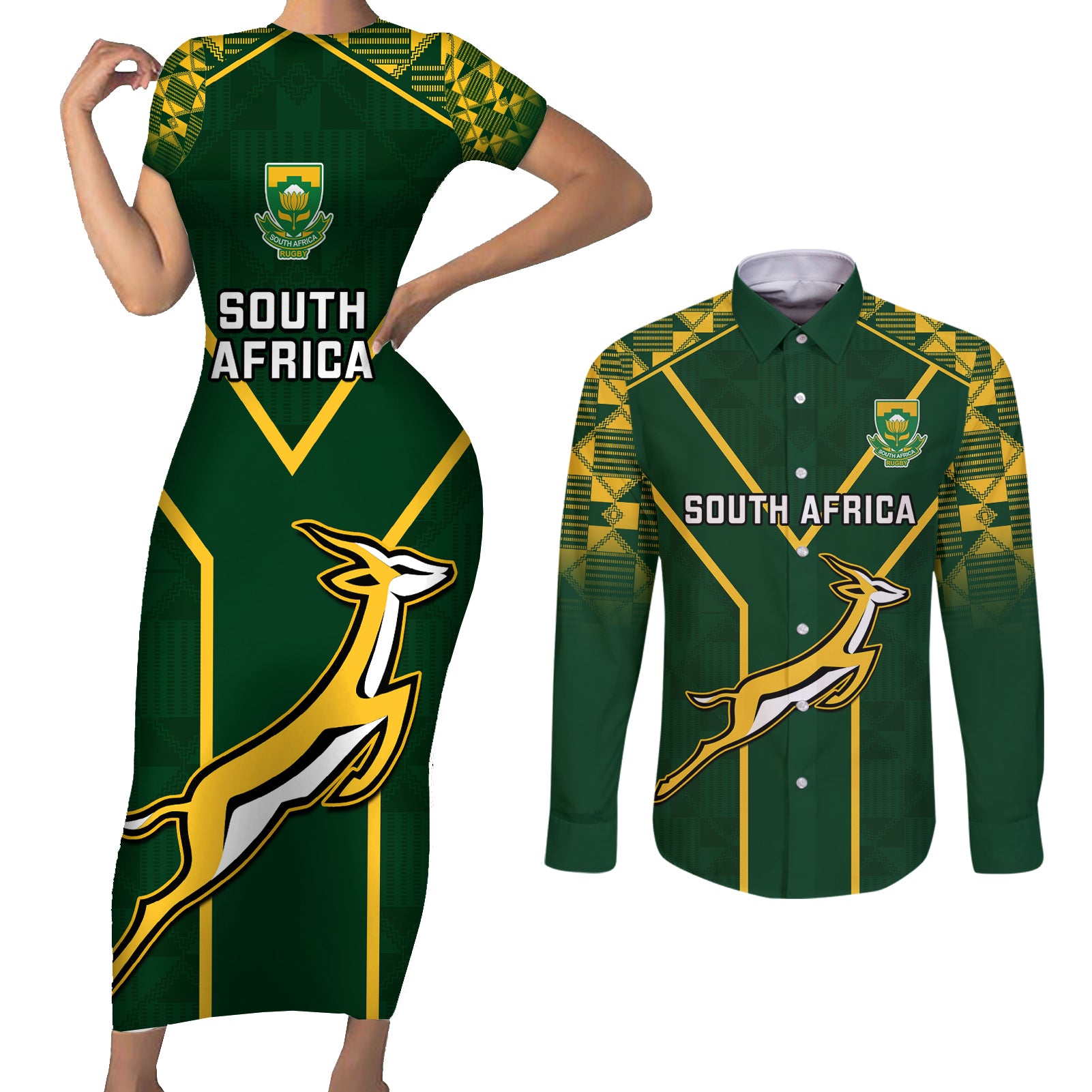 Custom South Africa Rugby Couples Matching Short Sleeve Bodycon Dress and Long Sleeve Button Shirts 2023 Go Champions World Cup Springboks - Wonder Print Shop