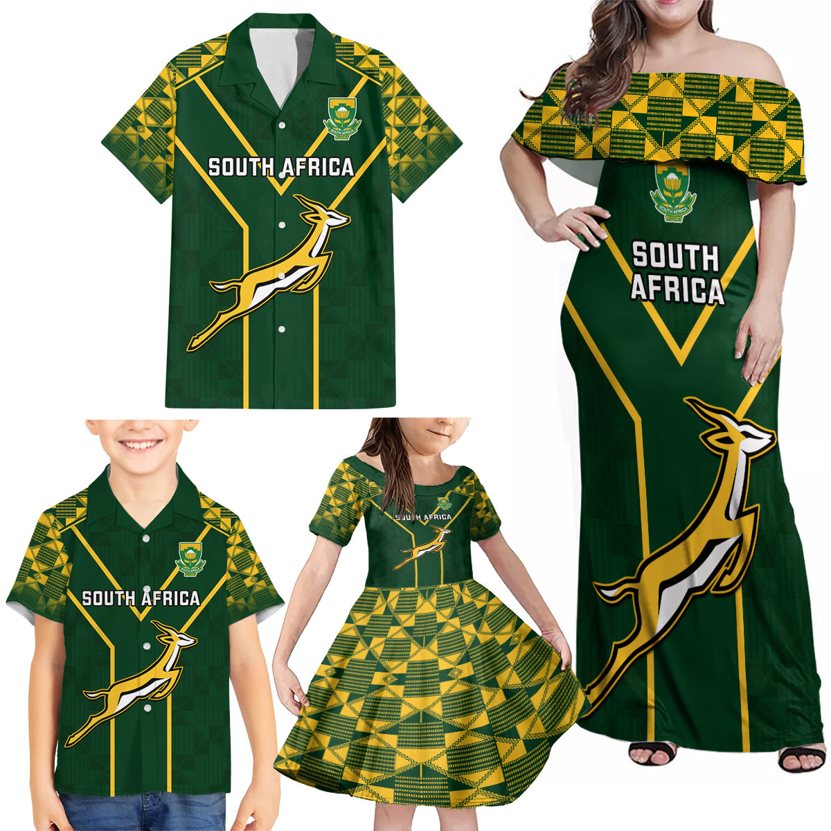 Custom South Africa Rugby Family Matching Off Shoulder Maxi Dress and Hawaiian Shirt 2023 Go Champions World Cup Springboks - Wonder Print Shop