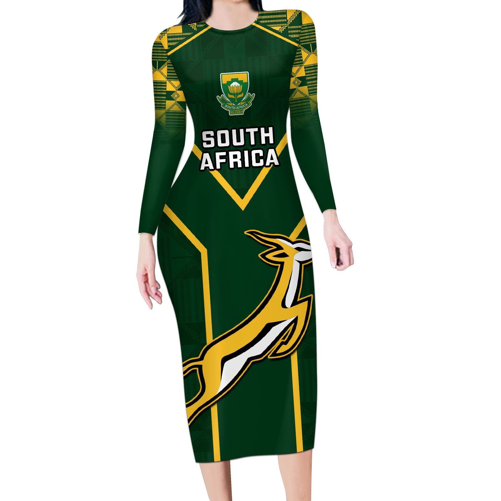 Custom South Africa Rugby Long Sleeve Bodycon Dress 2023 Go Champions World Cup Springboks - Wonder Print Shop