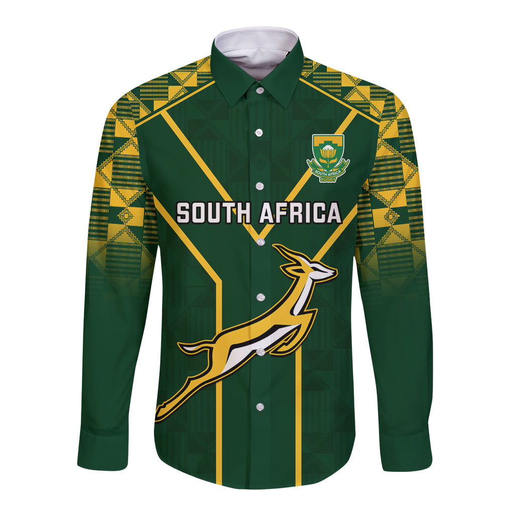 Green South Africa rugby long-sleeve button shirt with crest and bold graphic