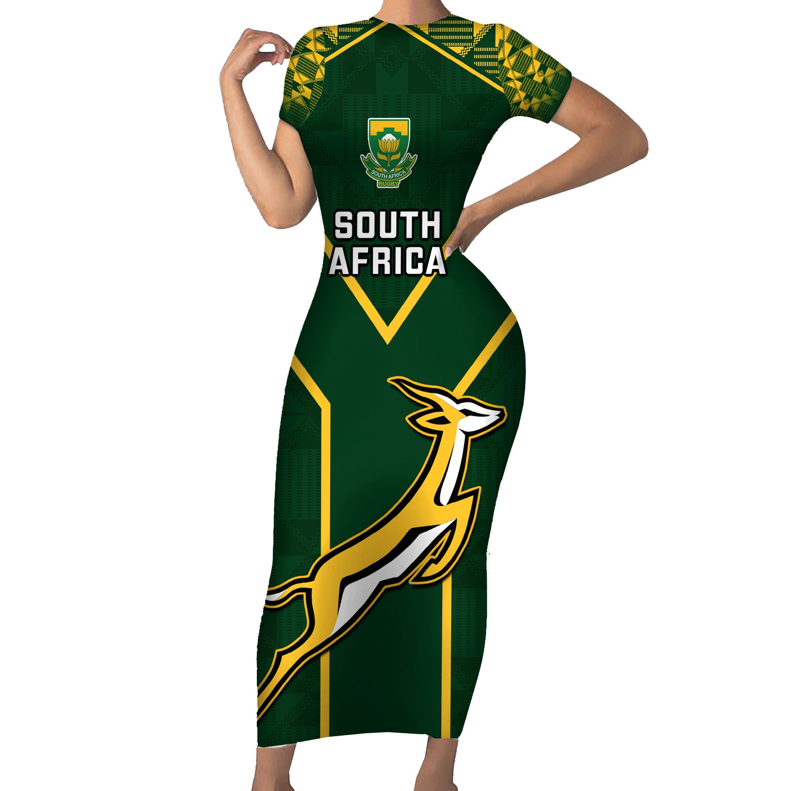 Custom South Africa Rugby Short Sleeve Bodycon Dress 2023 Go Champions World Cup Springboks - Wonder Print Shop