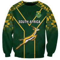Green South Africa rugby sweatshirt with crest and striped graphic, front print