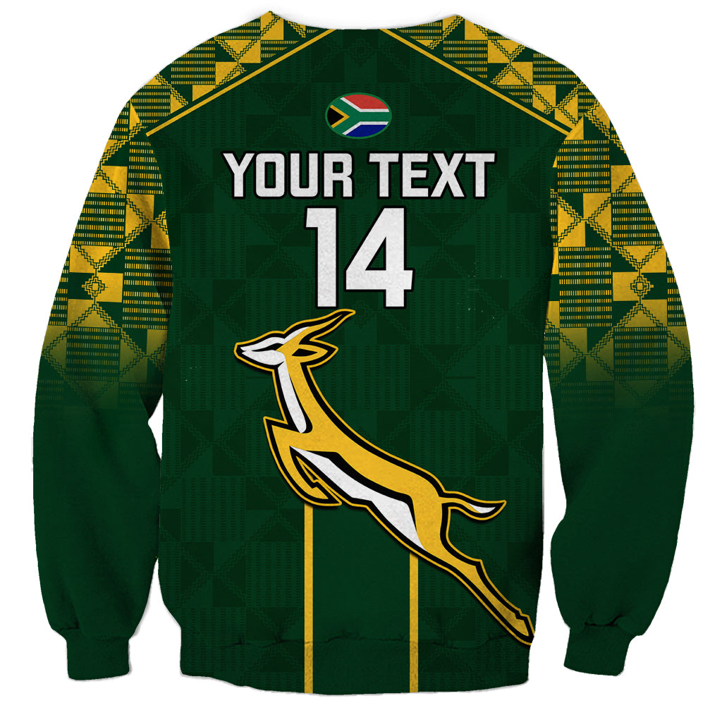 Green rugby sweatshirt back with custom text, number 14, bird graphic