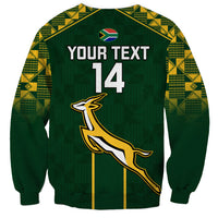 Green rugby sweatshirt back with custom text, number 14, bird graphic
