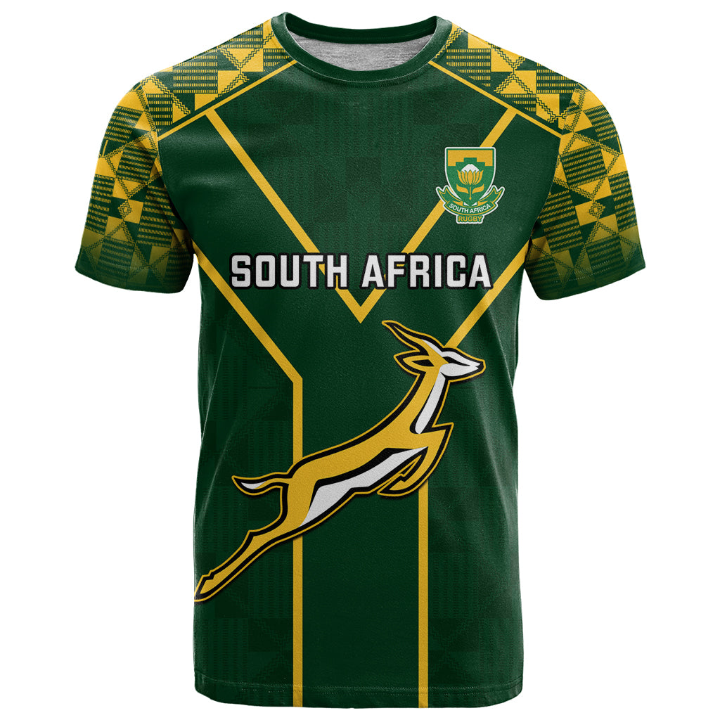 Green rugby T-shirt with SOUTH AFRICA text, crest, and springbok logo on front