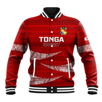 Red rugby baseball jacket with Tonga Rugby front logo, ribbed collar and button snaps