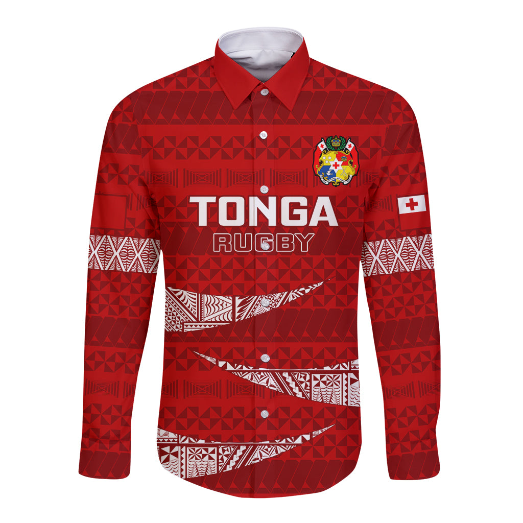 Red rugby button shirt with long sleeves, front panel, and Tonga Rugby graphic crest