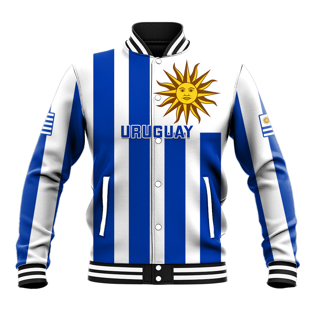 Blue and white striped baseball jacket with snap front and Uruguay crest graphic