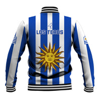 Blue and white striped baseball jacket with LOS TEROS text and sun crest on back