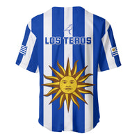 Los Teros baseball jersey with blue-and-white vertical stripes, sun logo on back