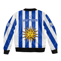 Unisex striped bomber jacket with black ribbed hem, 'LOS TEROS' back print, sun emblem.