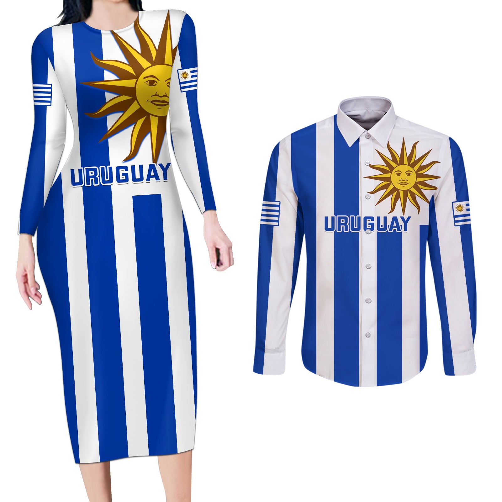 Uruguay Rugby Couples Matching Long Sleeve Bodycon Dress and Long Sleeve Button Shirts Go Los Teros Flag Style - Wonder Print Shop