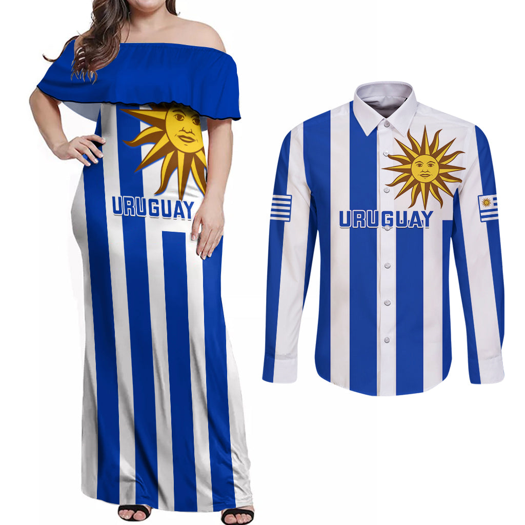 Uruguay Rugby Couples Matching Off Shoulder Maxi Dress and Long Sleeve Button Shirts Go Los Teros Flag Style - Wonder Print Shop