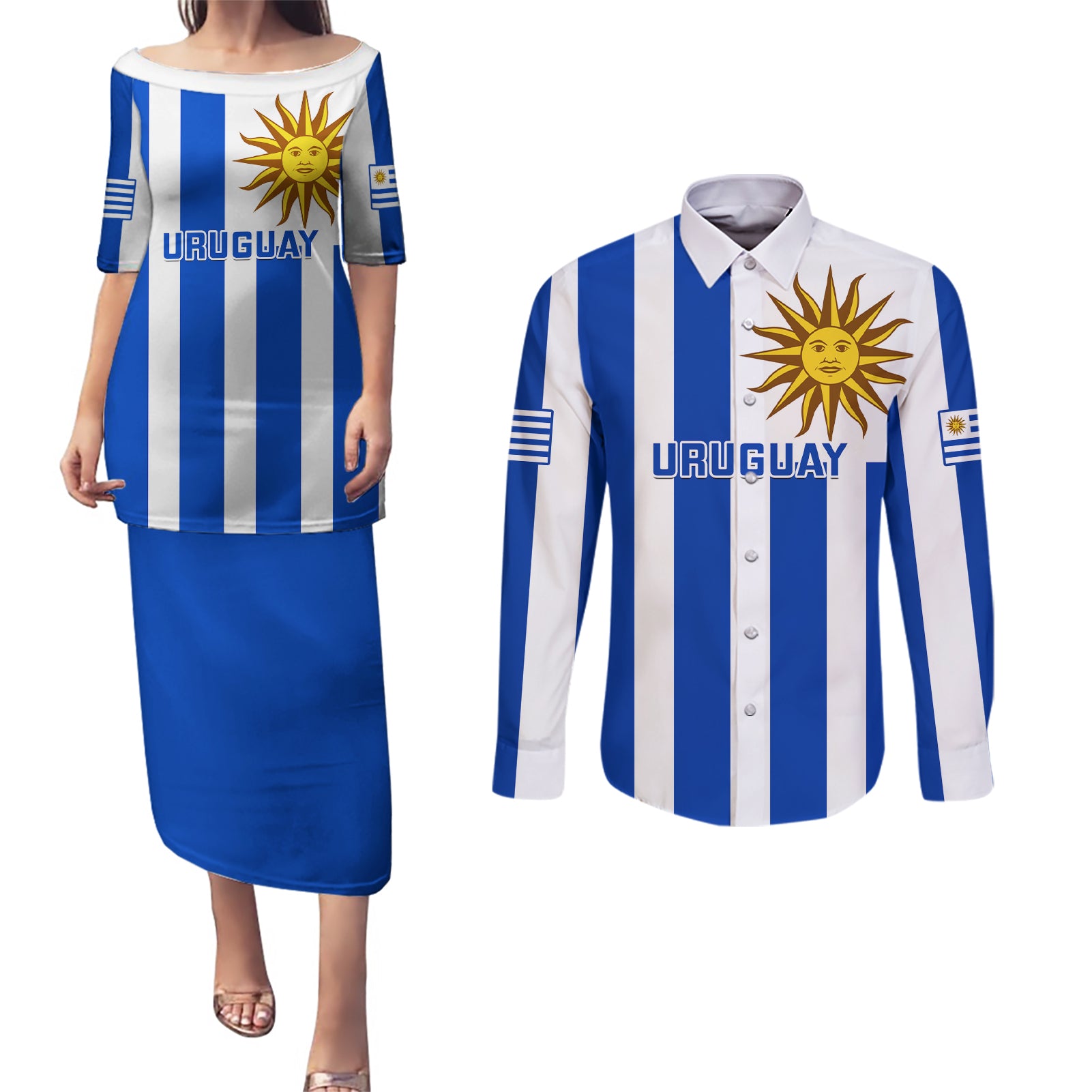 Uruguay Rugby Couples Matching Puletasi Dress and Long Sleeve Button Shirts Go Los Teros Flag Style - Wonder Print Shop