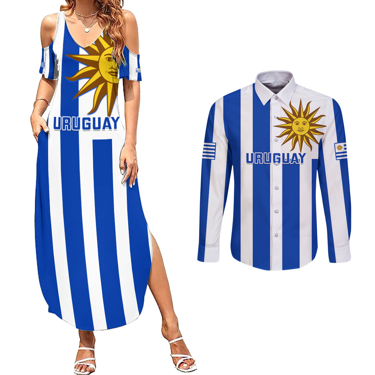 Uruguay Rugby Couples Matching Summer Maxi Dress and Long Sleeve Button Shirts Go Los Teros Flag Style - Wonder Print Shop