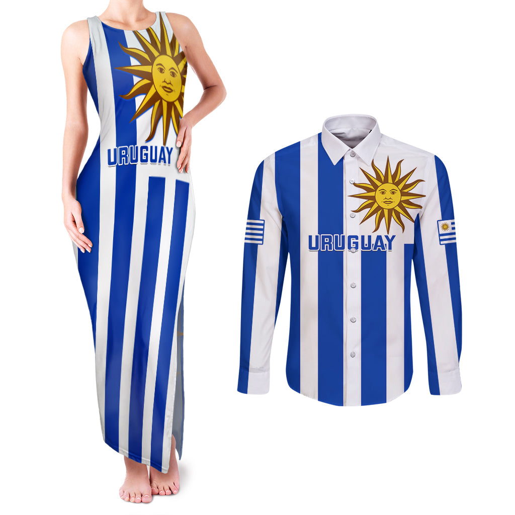 Uruguay Rugby Couples Matching Tank Maxi Dress and Long Sleeve Button Shirts Go Los Teros Flag Style - Wonder Print Shop