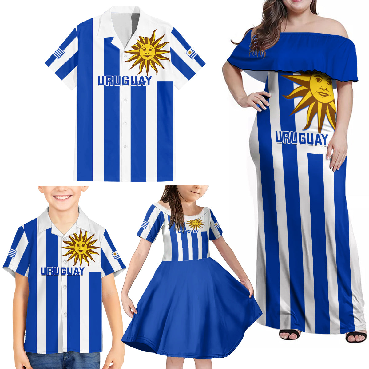 Uruguay Rugby Family Matching Off Shoulder Maxi Dress and Hawaiian Shirt Go Los Teros Flag Style - Wonder Print Shop