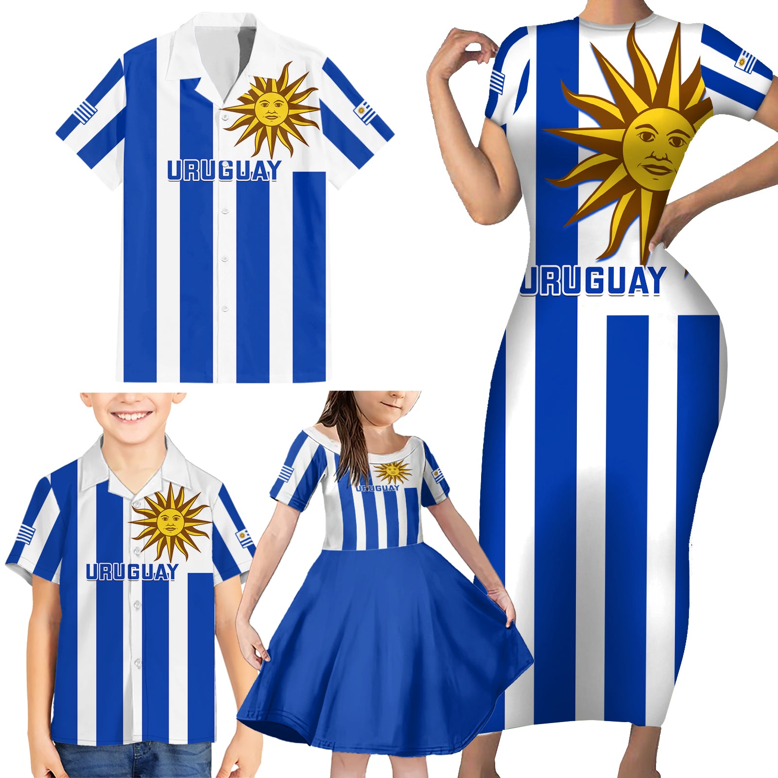 Uruguay Rugby Family Matching Short Sleeve Bodycon Dress and Hawaiian Shirt Go Los Teros Flag Style - Wonder Print Shop