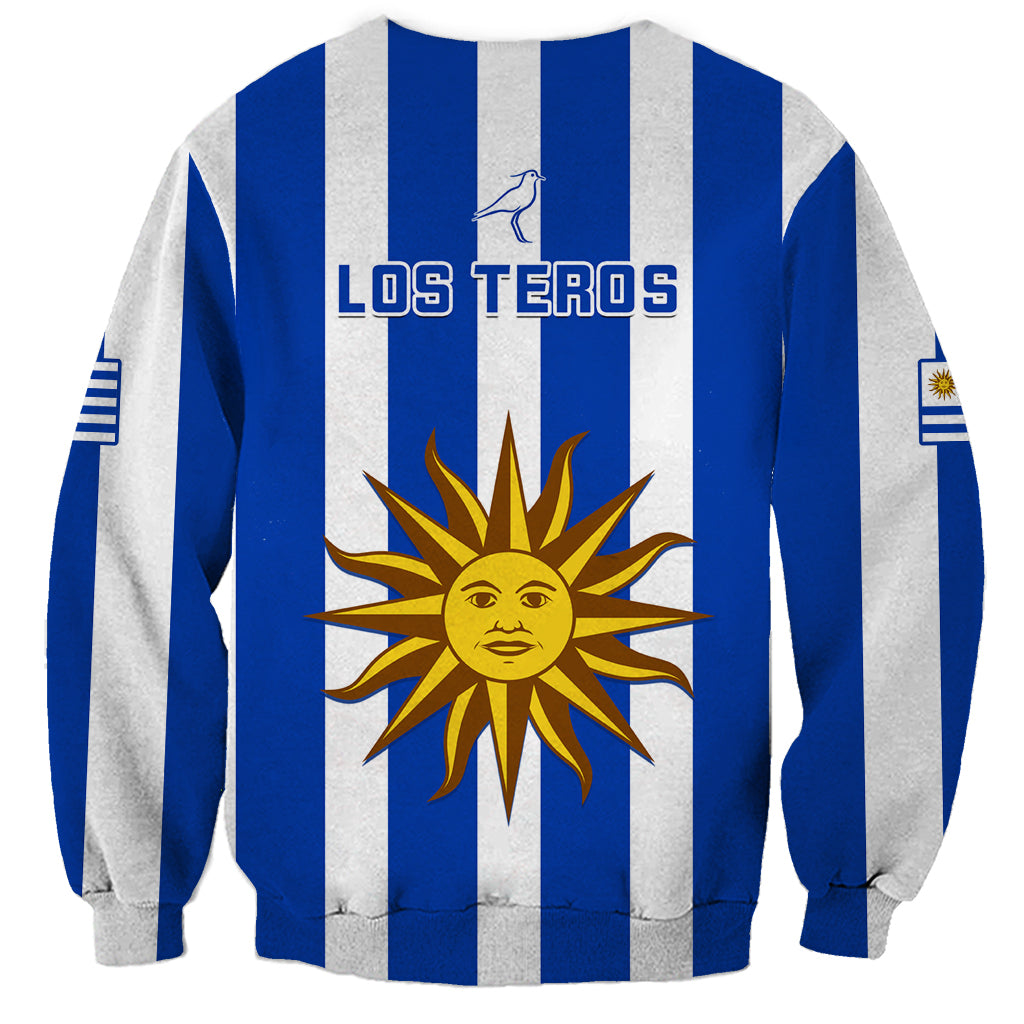 Unisex Uruguay rugby sweatshirt, blue and gray vertical stripes, back Los Teros sun logo