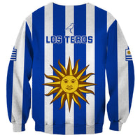 Unisex Uruguay rugby sweatshirt, blue and gray vertical stripes, back Los Teros sun logo