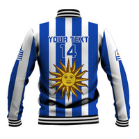 Blue and white striped baseball jacket with snap buttons, ribbed trim, back sun and 14 graphic