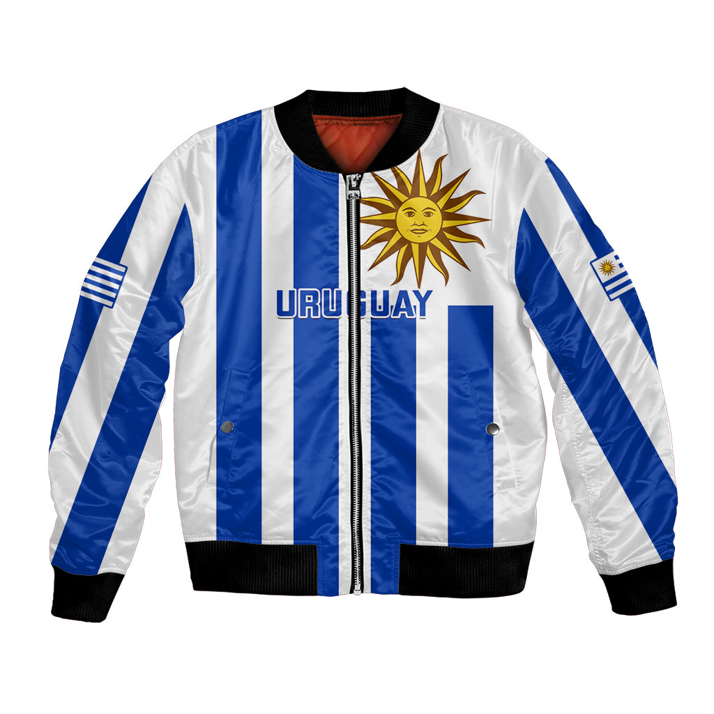 Unisex blue-and-white striped bomber jacket with front zipper, Uruguay crest sun, sleeve flag patch