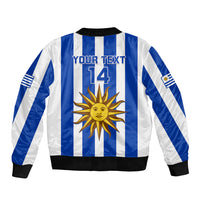 Unisex blue-and-white striped bomber jacket, back text YOUR TEXT 14, sun emblem, sleeve flag patch
