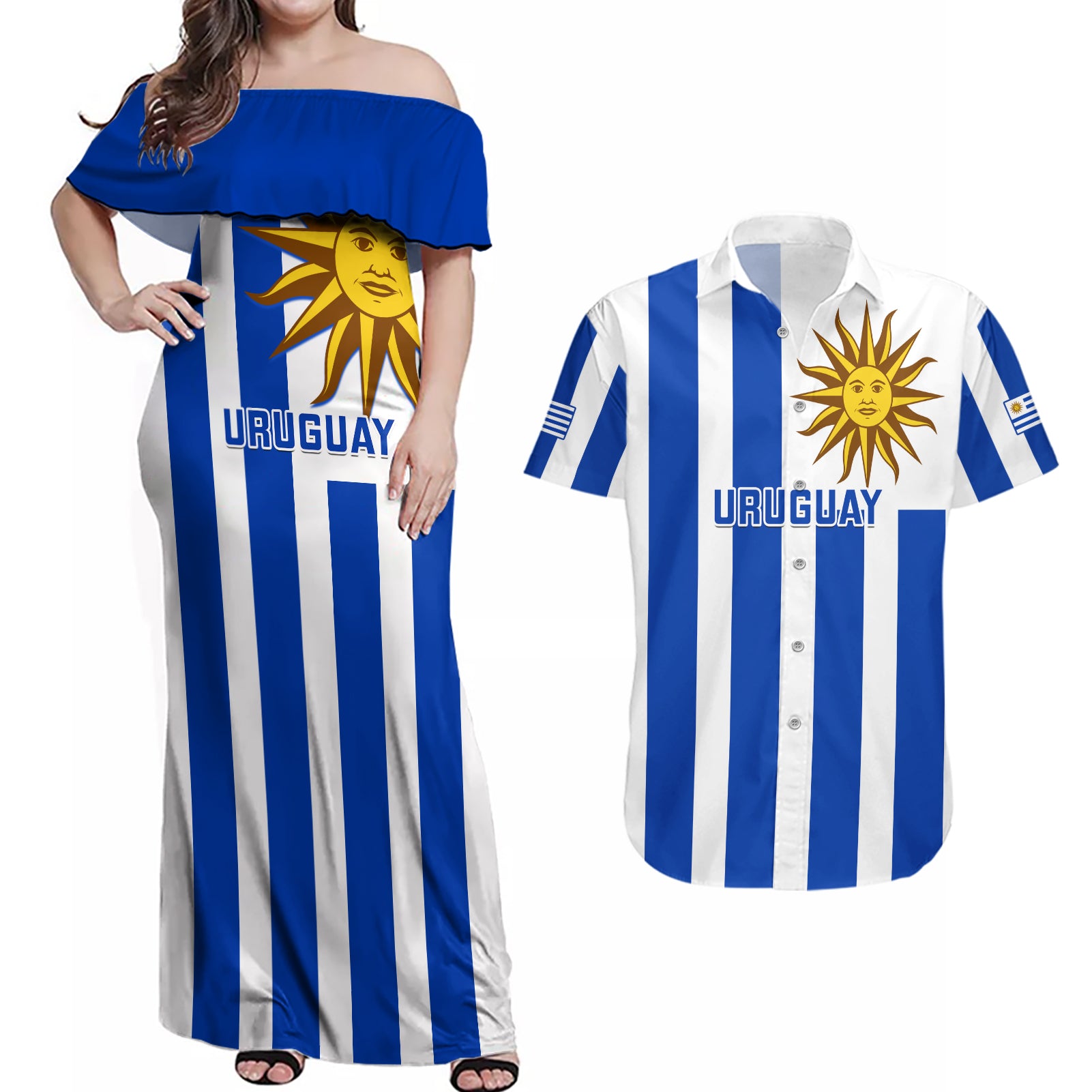 Custom Uruguay Rugby Couples Matching Off Shoulder Maxi Dress and Hawaiian Shirt Go Los Teros Flag Style - Wonder Print Shop