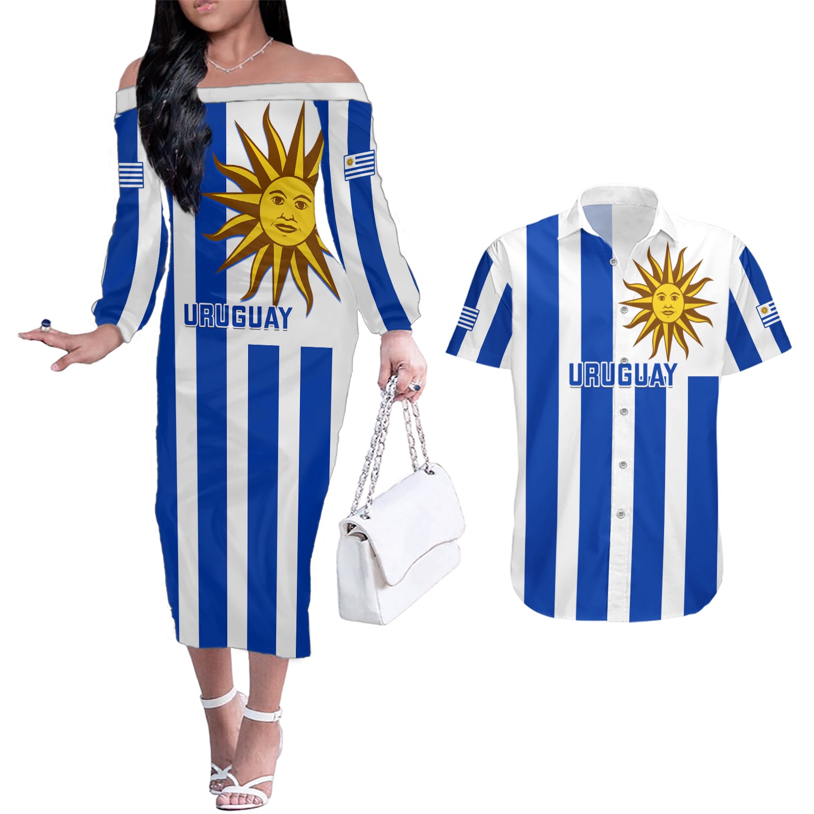 Custom Uruguay Rugby Couples Matching Off The Shoulder Long Sleeve Dress and Hawaiian Shirt Go Los Teros Flag Style - Wonder Print Shop