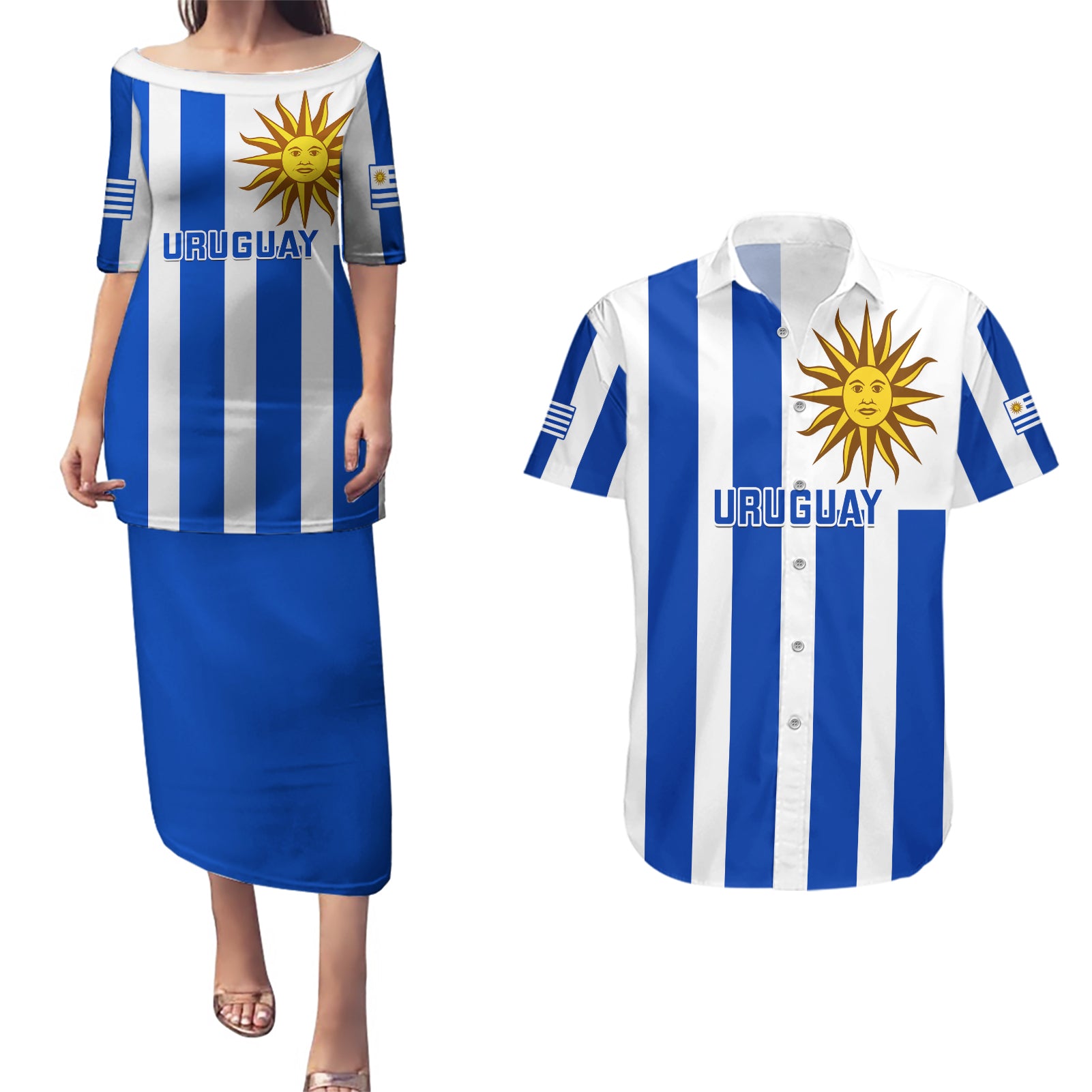 Custom Uruguay Rugby Couples Matching Puletasi Dress and Hawaiian Shirt Go Los Teros Flag Style - Wonder Print Shop