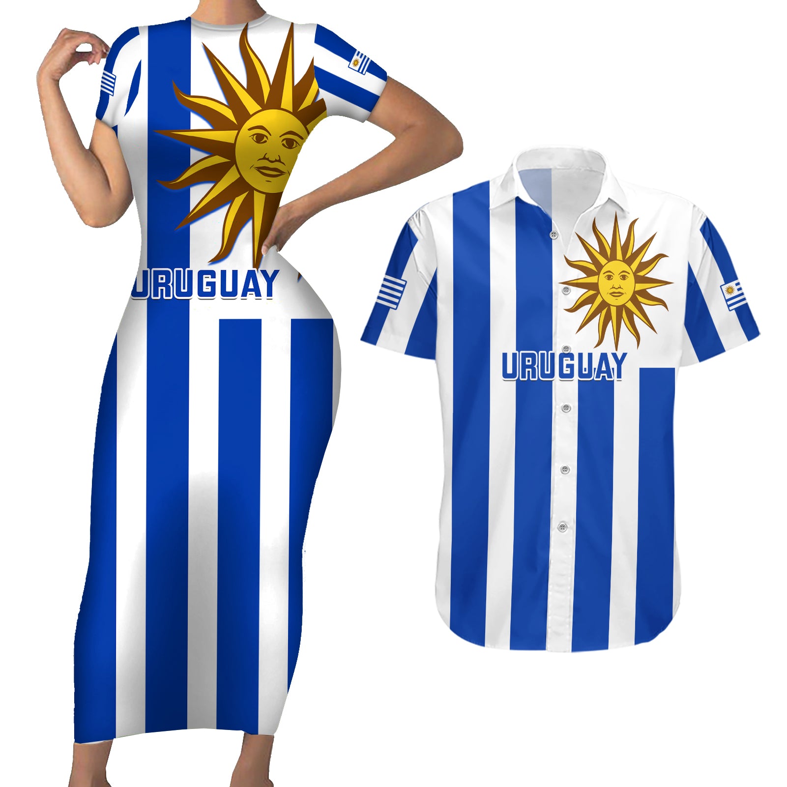 Custom Uruguay Rugby Couples Matching Short Sleeve Bodycon Dress and Hawaiian Shirt Go Los Teros Flag Style - Wonder Print Shop