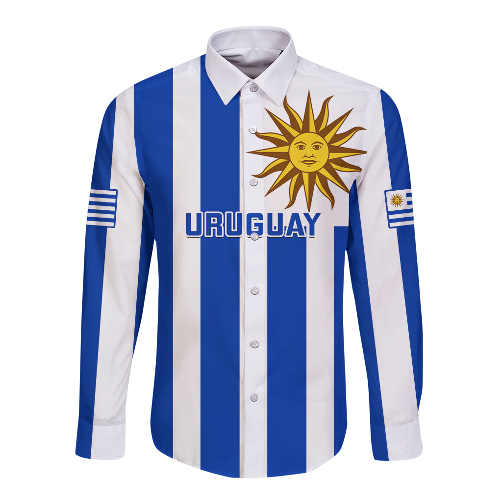 Blue and white striped long-sleeve button rugby shirt, front sun emblem and Uruguay text