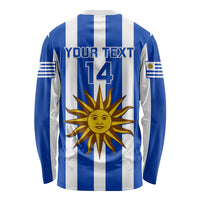 Long-sleeve rugby shirt with blue/white stripes, sun emblem, 'YOUR TEXT' and 14 on back