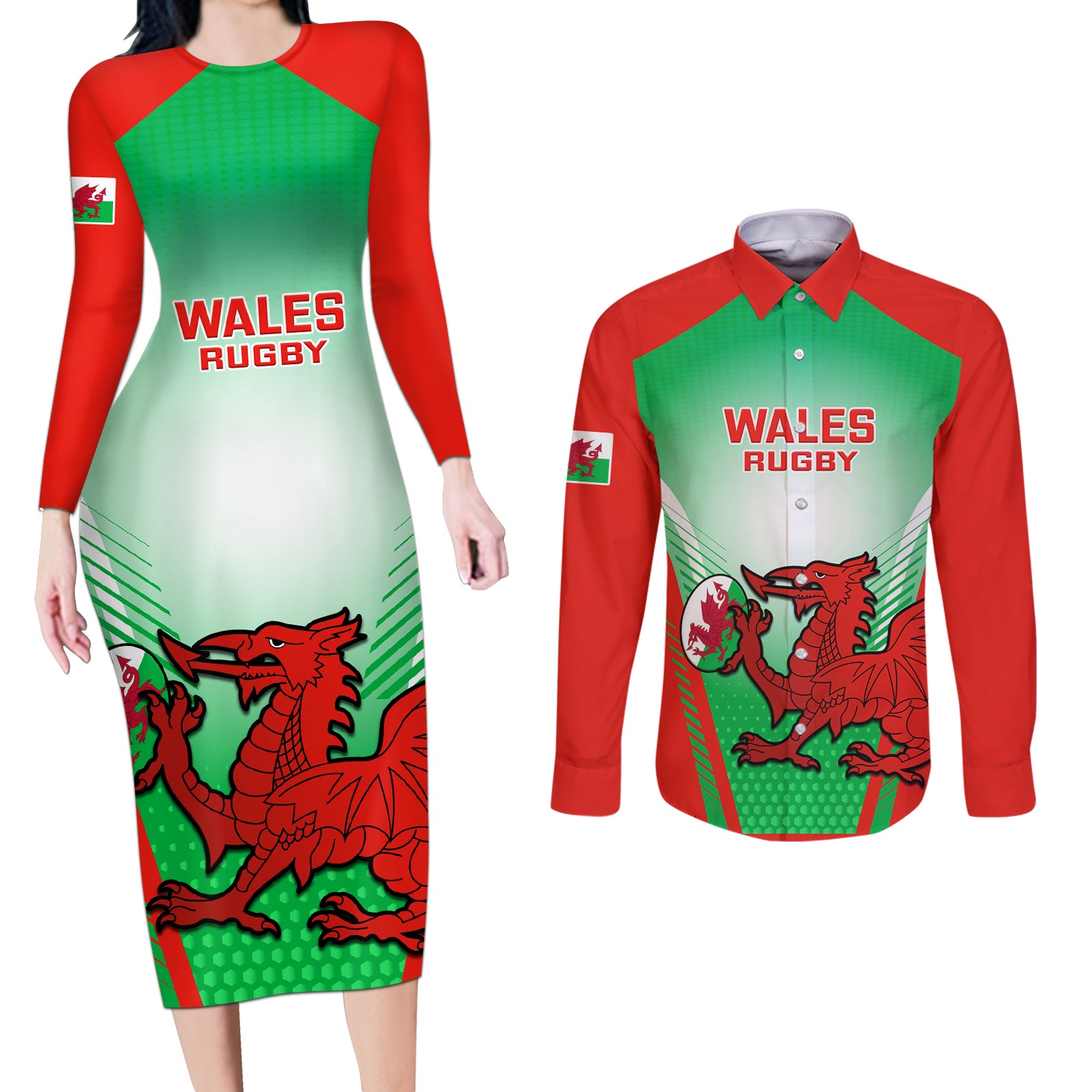 Wales Rugby Couples Matching Long Sleeve Bodycon Dress and Long Sleeve Button Shirts 2023 Come On Cymru Champions World Cup - Wonder Print Shop