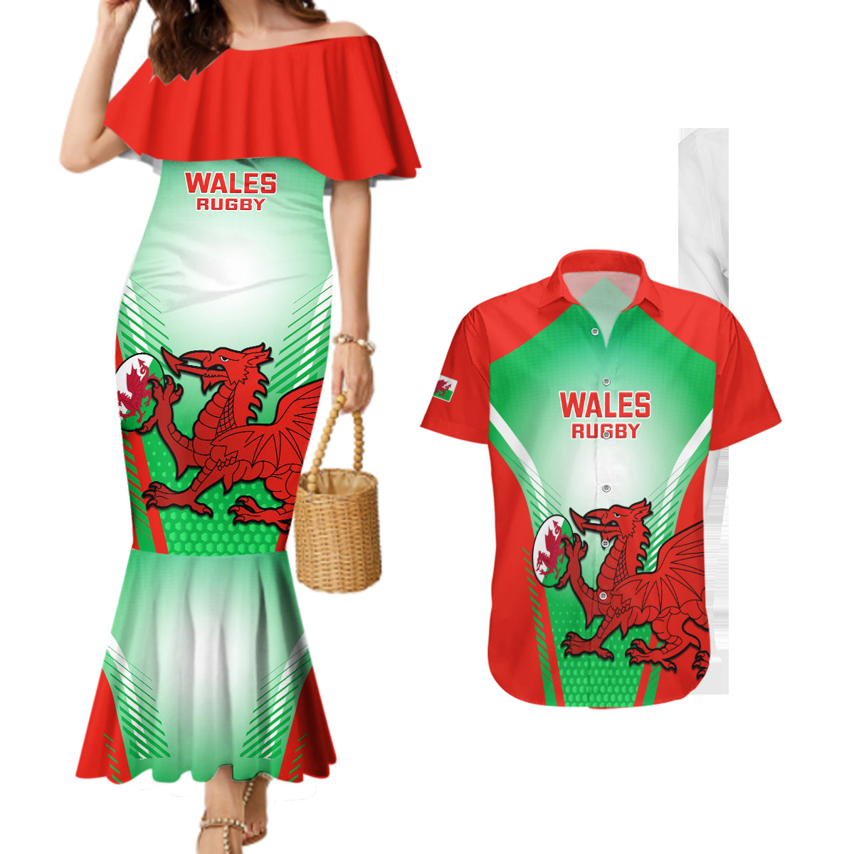 Wales Rugby Couples Matching Mermaid Dress and Hawaiian Shirt 2023 Come On Cymru Champions World Cup - Wonder Print Shop