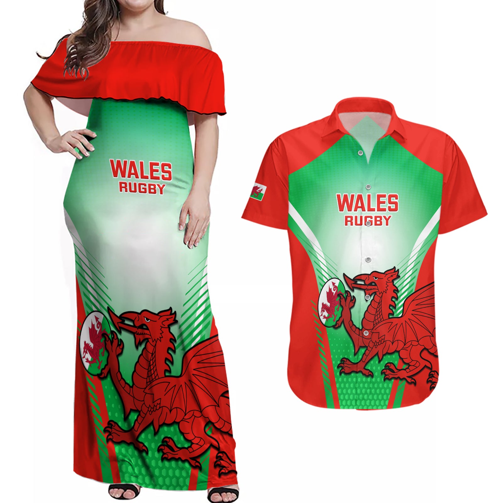 Wales Rugby Couples Matching Off Shoulder Maxi Dress and Hawaiian Shirt 2023 Come On Cymru Champions World Cup - Wonder Print Shop