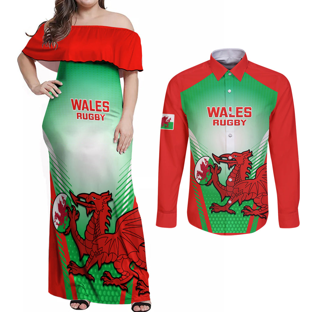 Wales Rugby Couples Matching Off Shoulder Maxi Dress and Long Sleeve Button Shirts 2023 Come On Cymru Champions World Cup - Wonder Print Shop