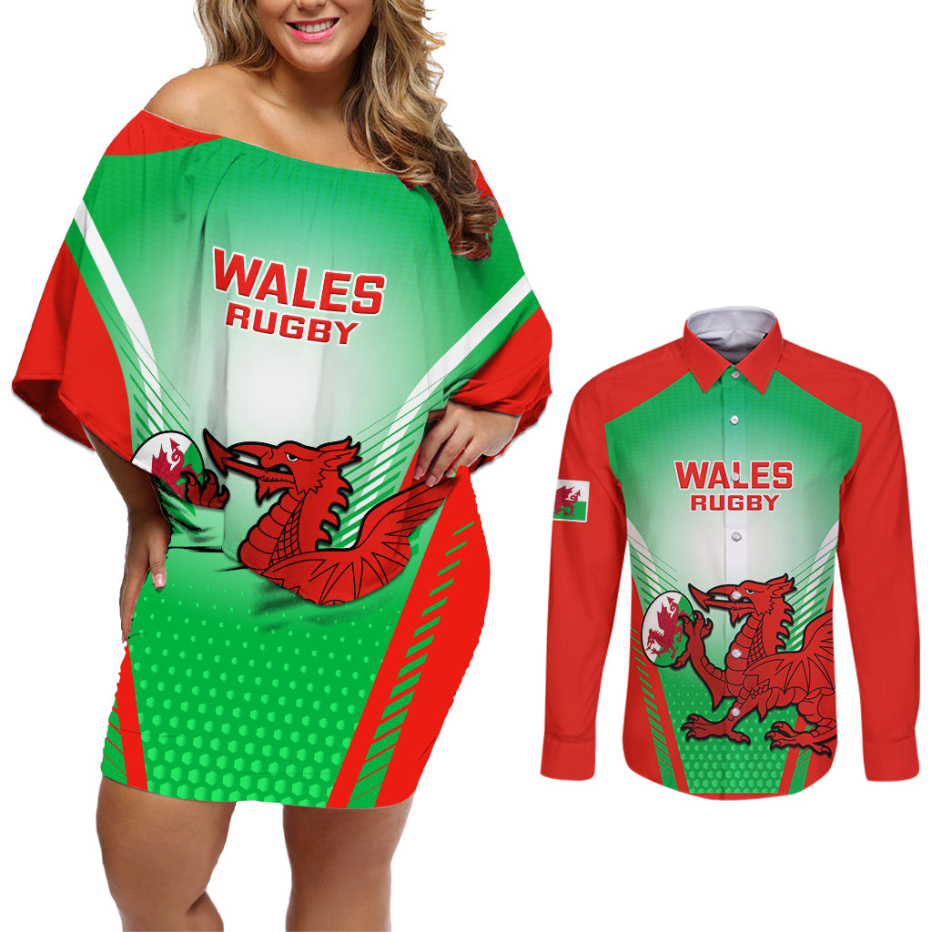 Wales Rugby Couples Matching Off Shoulder Short Dress and Long Sleeve Button Shirts 2023 Come On Cymru Champions World Cup - Wonder Print Shop