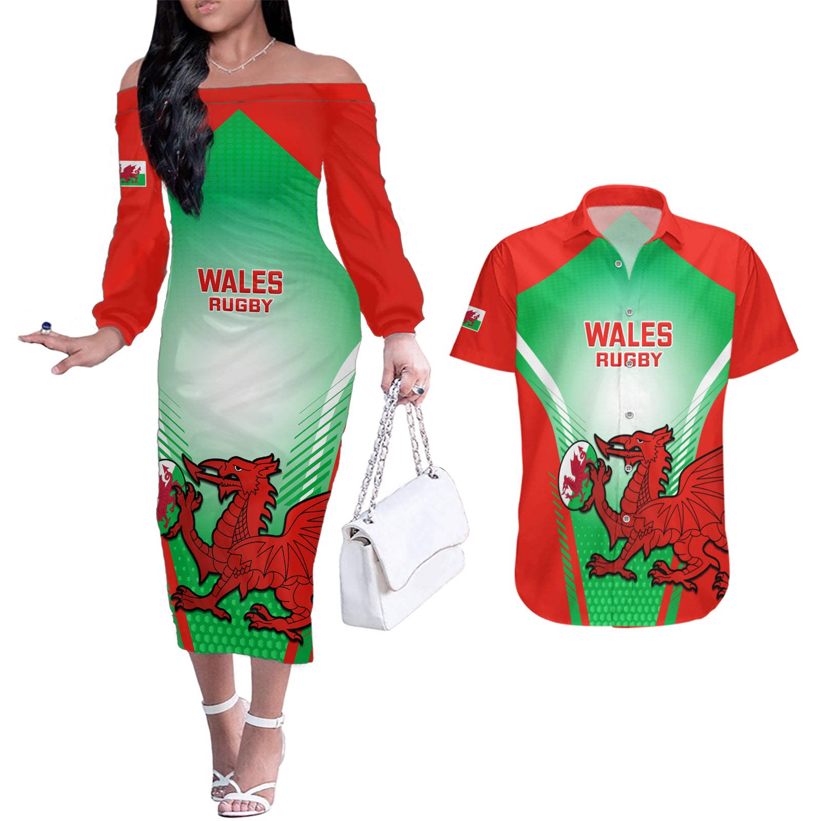 Wales Rugby Couples Matching Off The Shoulder Long Sleeve Dress and Hawaiian Shirt 2023 Come On Cymru Champions World Cup - Wonder Print Shop