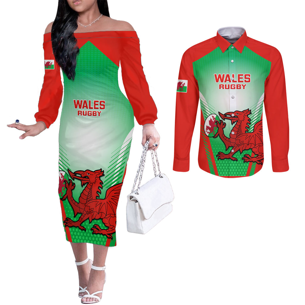 wales-rugby-couples-matching-off-the-shoulder-long-sleeve-dress-and-long-sleeve-button-shirts-2023-come-on-cymru-champions-world-cup