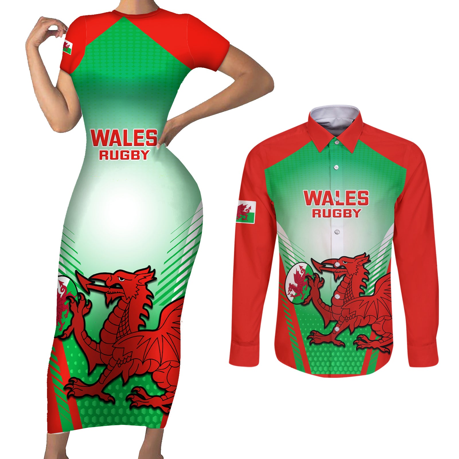 Wales Rugby Couples Matching Short Sleeve Bodycon Dress and Long Sleeve Button Shirts 2023 Come On Cymru Champions World Cup - Wonder Print Shop