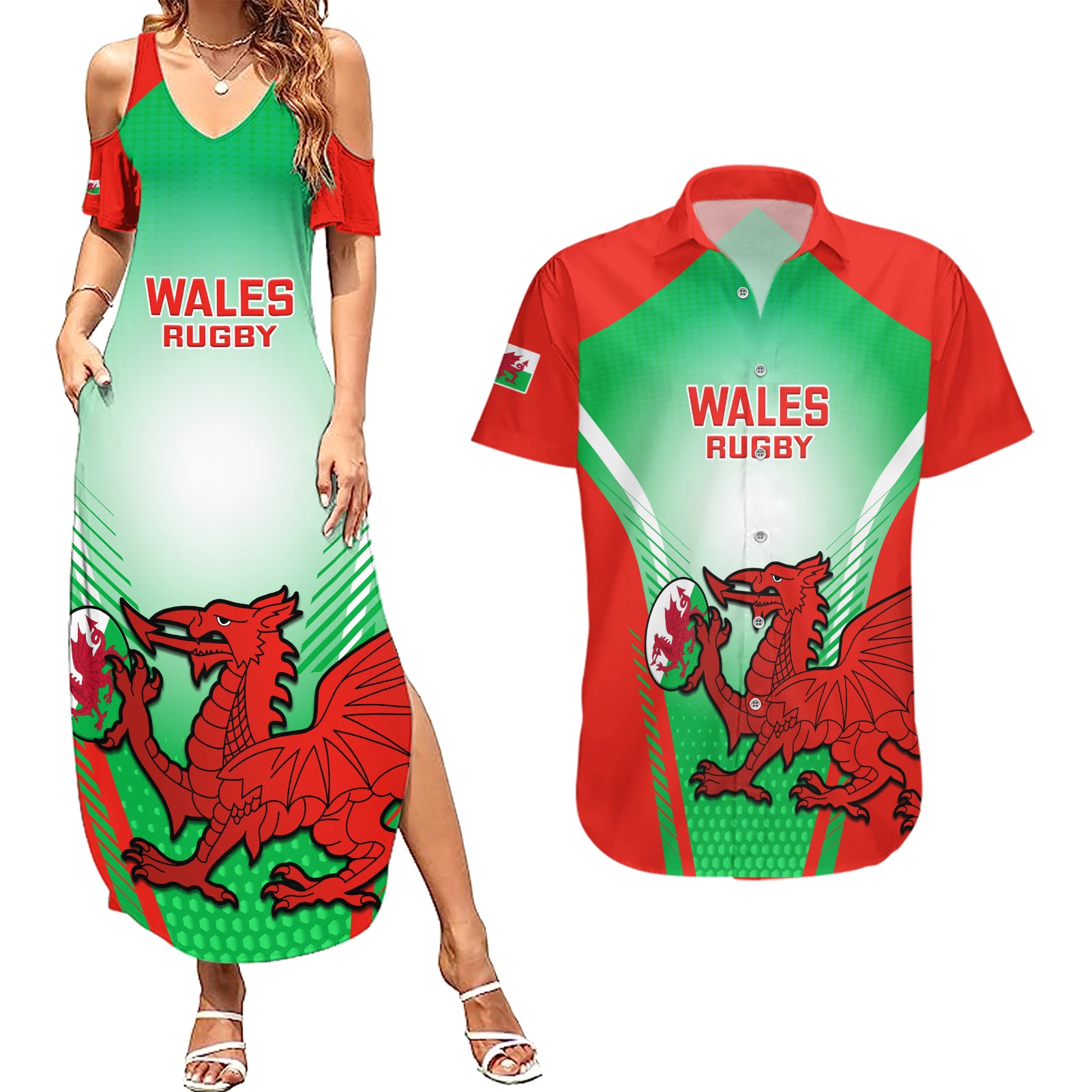 Wales Rugby Couples Matching Summer Maxi Dress and Hawaiian Shirt 2023 Come On Cymru Champions World Cup - Wonder Print Shop