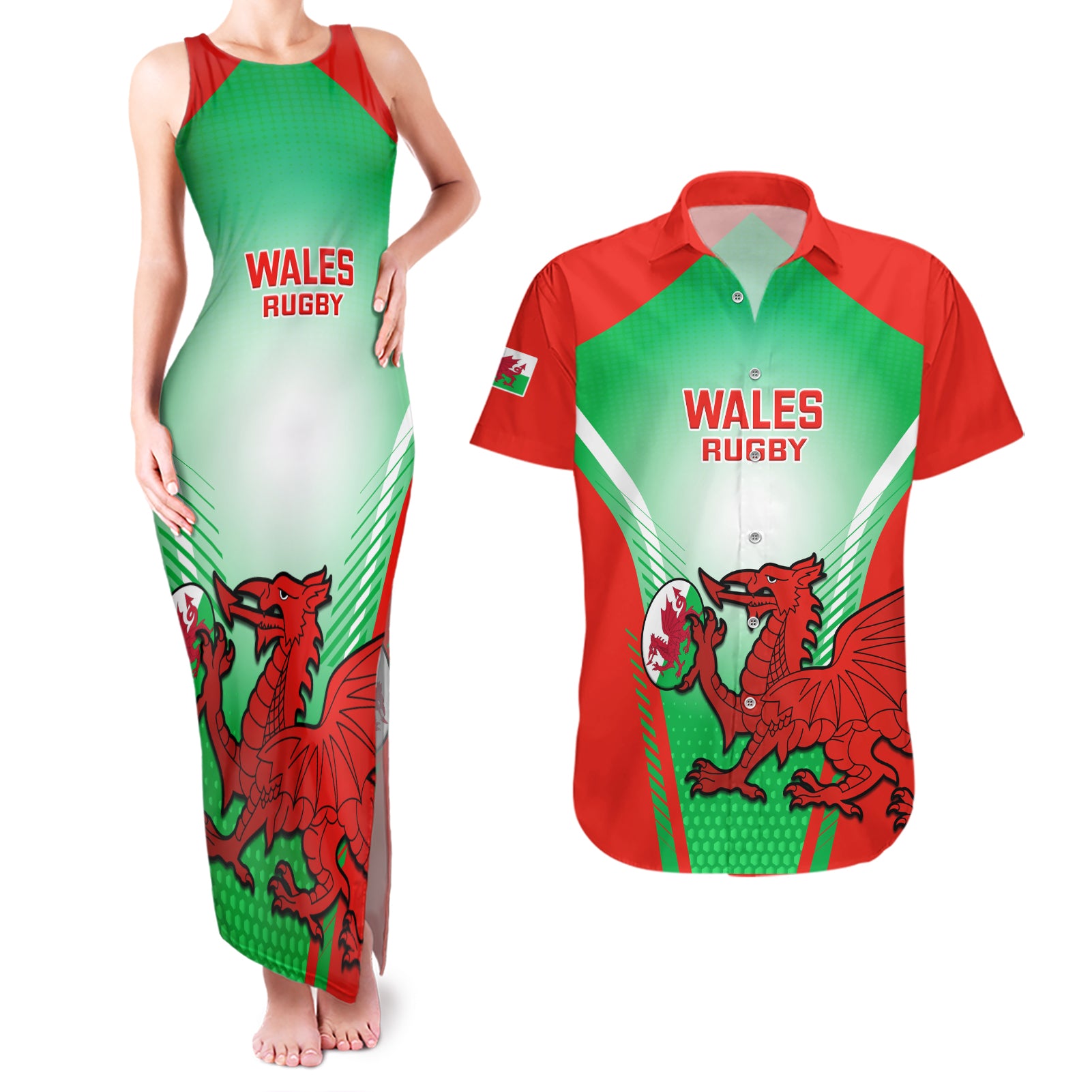 Wales Rugby Couples Matching Tank Maxi Dress and Hawaiian Shirt 2023 Come On Cymru Champions World Cup - Wonder Print Shop