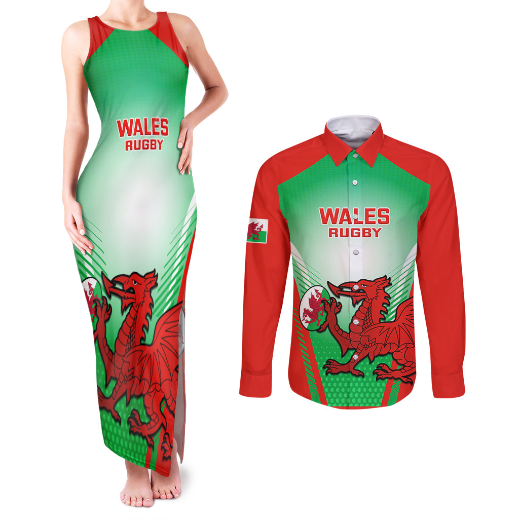 Wales Rugby Couples Matching Tank Maxi Dress and Long Sleeve Button Shirts 2023 Come On Cymru Champions World Cup - Wonder Print Shop