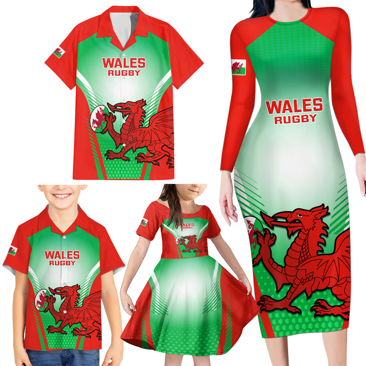 Wales Rugby Family Matching Long Sleeve Bodycon Dress and Hawaiian Shirt 2023 Come On Cymru Champions World Cup - Wonder Print Shop