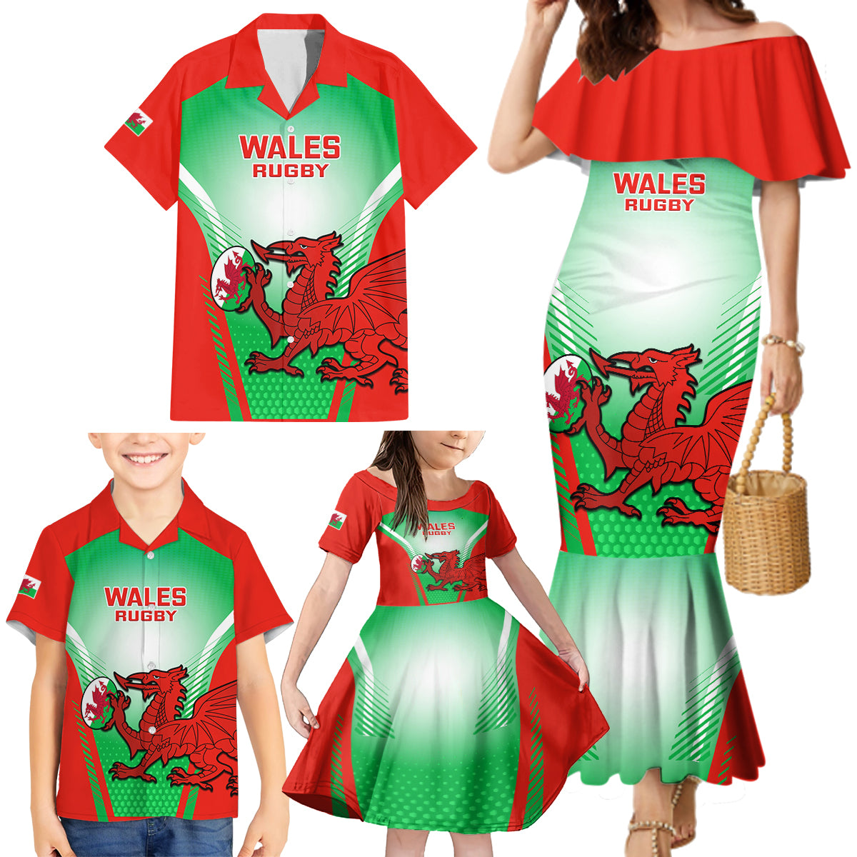 Wales Rugby Family Matching Mermaid Dress and Hawaiian Shirt 2023 Come On Cymru Champions World Cup - Wonder Print Shop