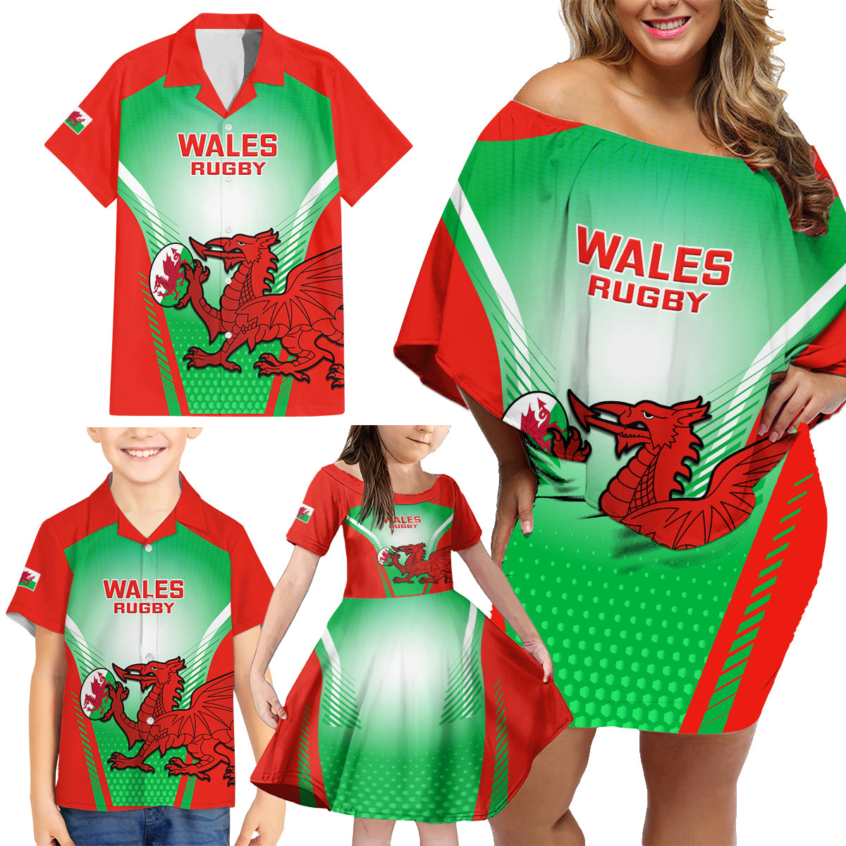 Wales Rugby Family Matching Off Shoulder Short Dress and Hawaiian Shirt 2023 Come On Cymru Champions World Cup - Wonder Print Shop