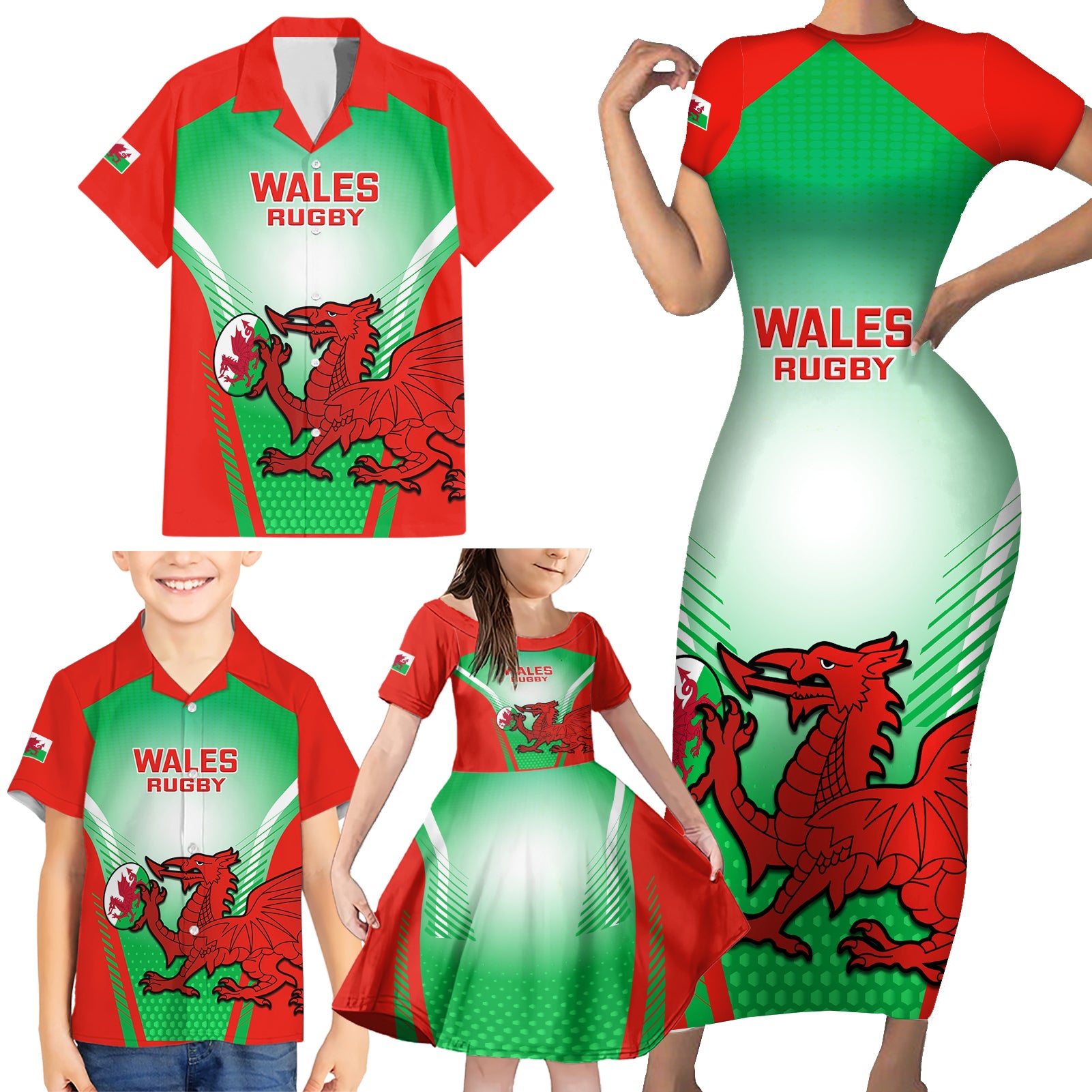 Wales Rugby Family Matching Short Sleeve Bodycon Dress and Hawaiian Shirt 2023 Come On Cymru Champions World Cup - Wonder Print Shop